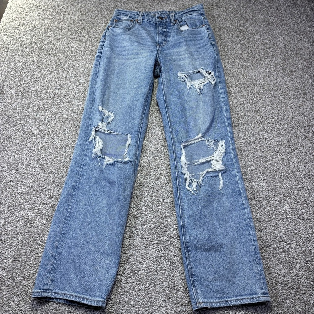 American Eagle Curvy 90s Straight Jeans Womens 0 Blue Light Wash Distressed